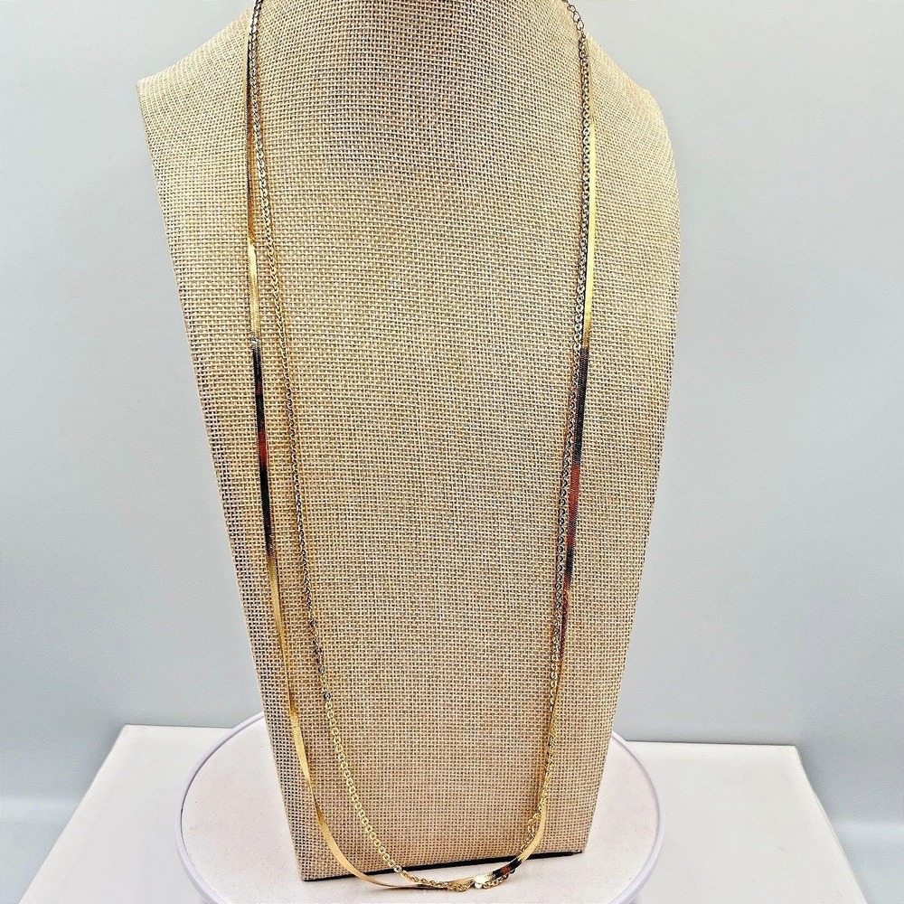 Vintage Modern Gold Layered Herringbone & Curb Chain Necklace Duo Fashion‎